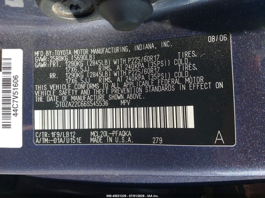 2006 Toyota Sienna VIN 5TDZA22C66S545536 IAAI salvage auction — RIGHT REAR, Salvage (California), sold $925 on 2026-07-16 (photo 9)