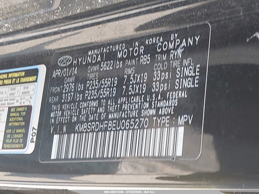 2014 Hyundai Santa fe VIN KM8SRDHF8EU065270 IAAI salvage auction — NORMAL WEAR, Clear (Colorado), sold $1,600 on 2026-07-14 (photo 9)
