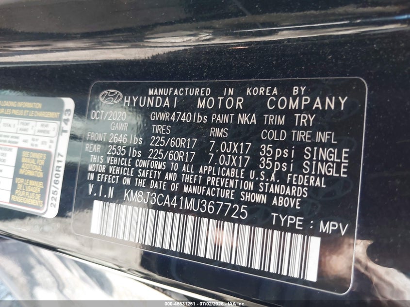 2021 Hyundai Tucson VIN KM8J3CA41MU367725 IAAI salvage auction — FRONT END, Salvage (New Jersey), sold $3,850 on 2026-08-31 (photo 8)