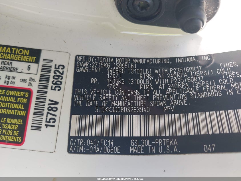 2013 Toyota Sienna VIN 5TDKK3DC8DS283940 IAAI salvage auction — REAR END, Rebuildable (Florida), sold $625 on 2026-07-28 (photo 9)