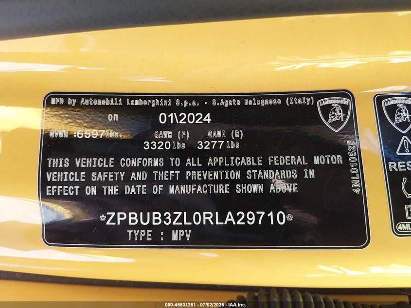 2024 Lamborghini Urus VIN ZPBUB3ZL0RLA29710 IAAI salvage auction — FRONT END, Salvage Title, sold $142,000 on 2026-07-16 (photo 9)