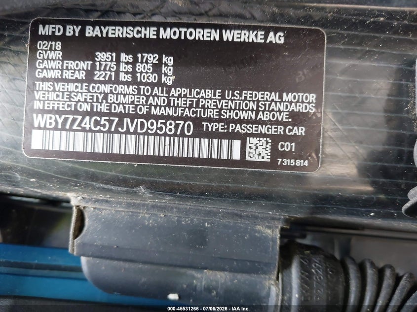 2018 BMW I3 VIN WBY7Z4C57JVD95870 IAAI salvage auction — ROOF, Salvage Title, sold $3,550 on 2026-07-30 (photo 9)