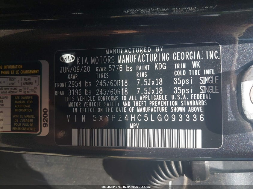 2020 Kia Telluride VIN 5XYP24HC5LG093336 IAAI salvage auction — RIGHT FRONT, Salvage Title, sold $3,600 on 2026-07-31 (photo 9)