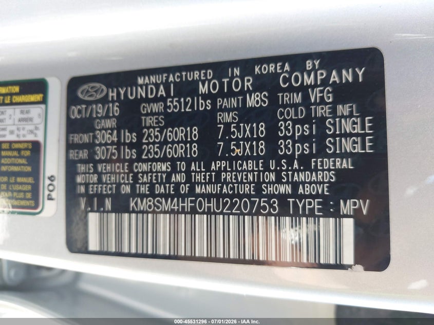 2017 Hyundai Santa fe VIN KM8SM4HF0HU220753 IAAI salvage auction — MECHANICAL, Original (Ohio), sold $1,650 on 2026-07-28 (photo 9)