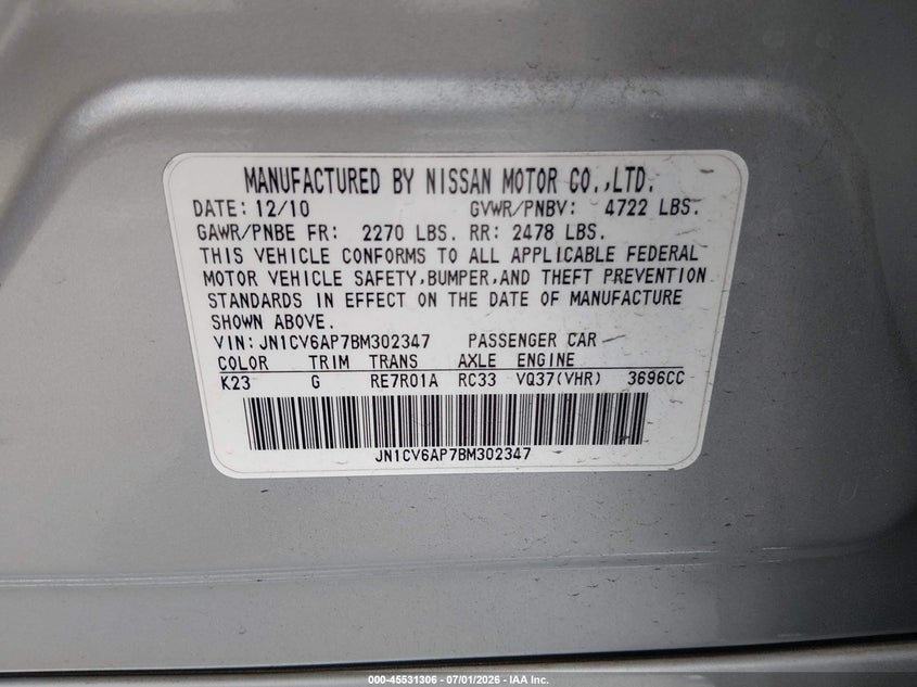 2011 Infiniti G37 VIN JN1CV6AP7BM302347 IAAI salvage auction — REAR END, Salvage (California), sold $875 on 2026-07-23 (photo 9)