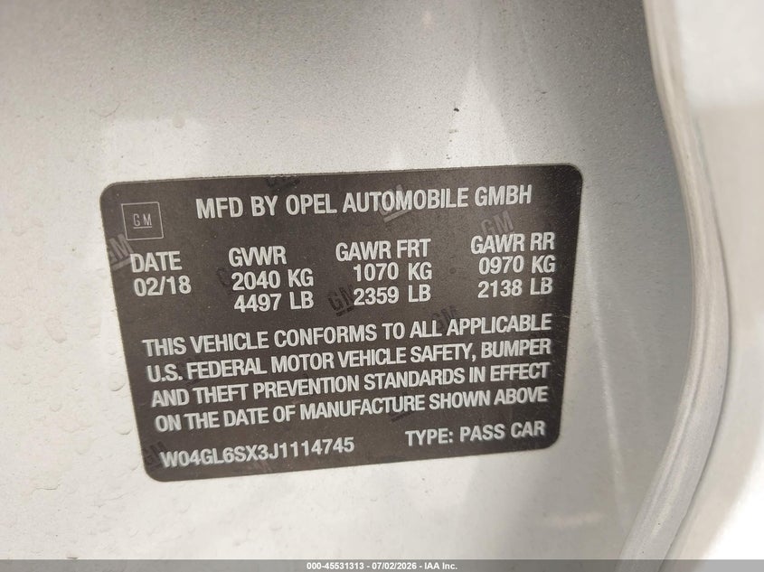 2018 Buick Regal VIN W04GL6SX3J1114745 IAAI salvage auction — FRONT END, Salvage Title, sold $2,000 on 2026-07-21 (photo 9)