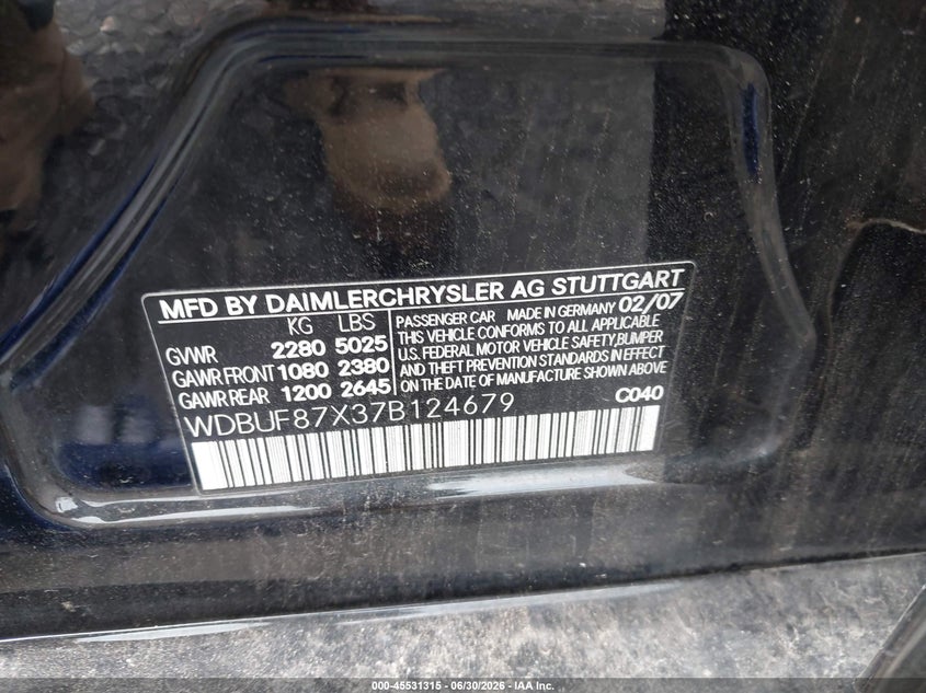 2007 Mercedes-benz E-class VIN WDBUF87X37B124679 IAAI salvage auction — NORMAL WEAR, Clear (New Jersey), sold $825 on 2026-07-28 (photo 9)