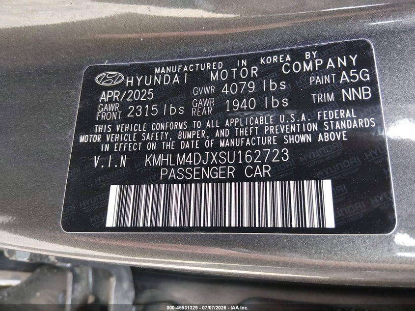 2025 Hyundai Elantra VIN KMHLM4DJXSU162723 IAAI salvage auction — FRONT & REAR, Certificate Of Destruction (Florida), sold $1,300 on 2026-07-13 (photo 9)