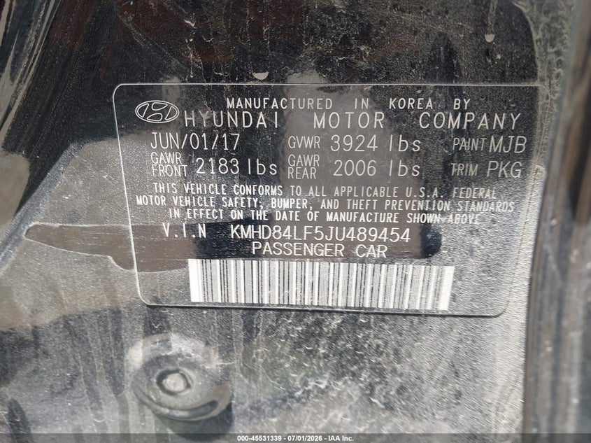 2018 Hyundai Elantra VIN KMHD84LF5JU489454 IAAI salvage auction — NORMAL WEAR, Clear (Montana), sold $25 on 2026-07-29 (photo 9)