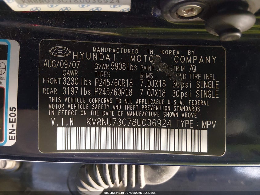 2008 Hyundai Veracruz VIN KM8NU73C78U036924 IAAI salvage auction — NORMAL WEAR, Clear (Utah), sold $275 on 2026-07-20 (photo 9)