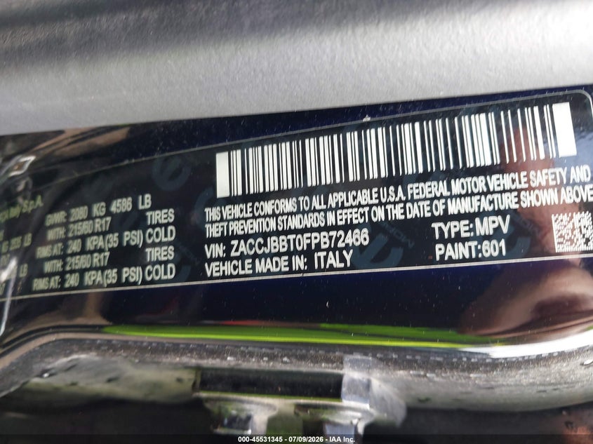 2015 Jeep Renegade VIN ZACCJBBT0FPB72466 IAAI salvage auction — FRONT END, Wait Title, sold $775 on 2026-08-09 (photo 9)