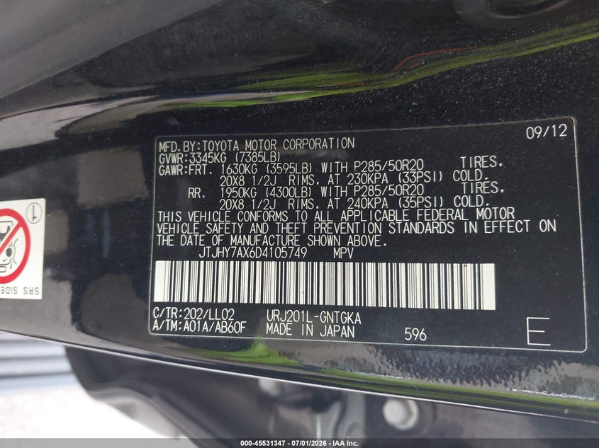 2013 Lexus Lx VIN JTJHY7AX6D4105749 IAAI salvage auction — FRONT END, Salvage (Texas), sold $12,100 on 2026-07-30 (photo 9)