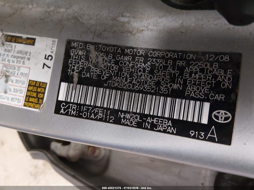 2009 Toyota Prius VIN JTDKB20U693521351 IAAI salvage auction — NORMAL WEAR, Original (Maine), sold $400 on 2026-07-27 (photo 9)