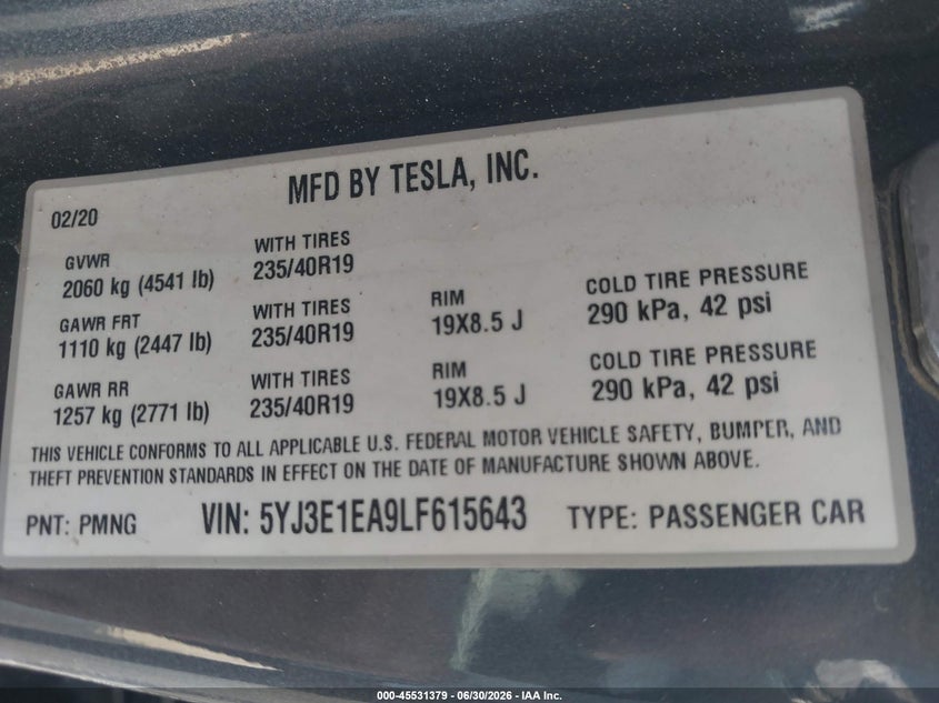 2020 Tesla Model 3 VIN 5YJ3E1EA9LF615643 IAAI salvage auction — LEFT REAR, Salvage (California), sold $8,550 on 2026-07-29 (photo 9)