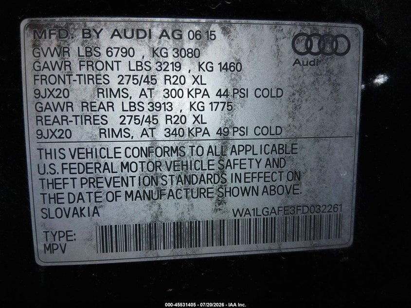 2015 Audi Q7 VIN WA1LGAFE3FD032261 IAAI salvage auction — NORMAL WEAR, Clear (Delaware), sold $225 on 2026-07-30 (photo 9)