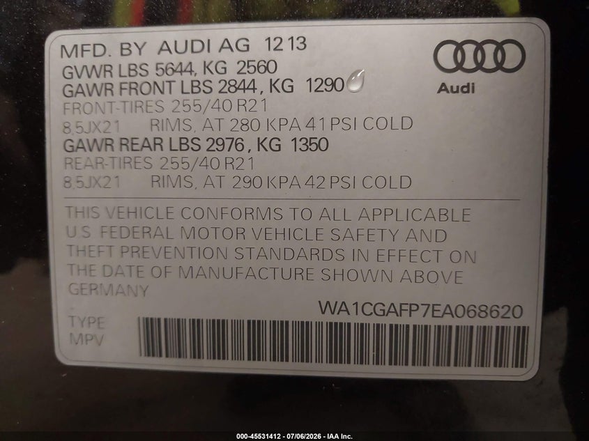 2014 Audi Sq5 VIN WA1CGAFP7EA068620 IAAI salvage auction — FRONT END, Mv-907A (New York), sold $3,625 on 2026-07-28 (photo 9)