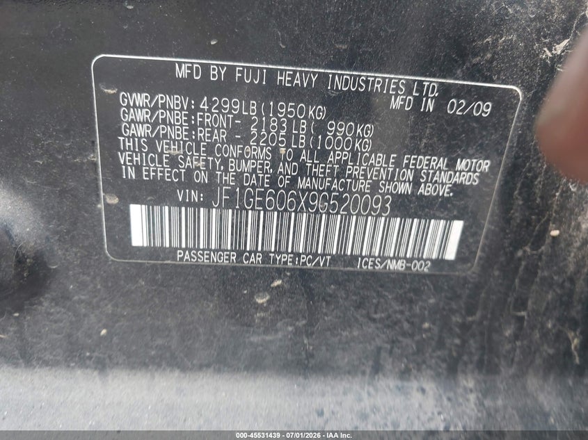 2009 Subaru Impreza VIN JF1GE606X9G520093 IAAI salvage auction — FRONT END, Clear (Pennsylvania), sold $300 on 2026-07-21 (photo 9)