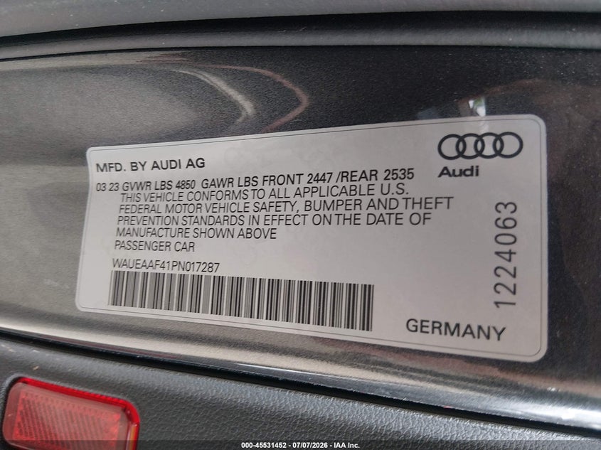 2023 Audi A4 VIN WAUEAAF41PN017287 IAAI salvage auction — FRONT END, Salvage (Ohio), sold $3,250 on 2026-07-26 (photo 9)