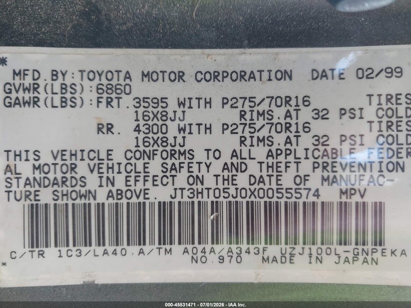 1999 Toyota Land cruiser VIN JT3HT05J0X0055574 IAAI salvage auction — NORMAL WEAR, Clear (Virginia), sold $3,400 on 2026-07-08 (photo 9)