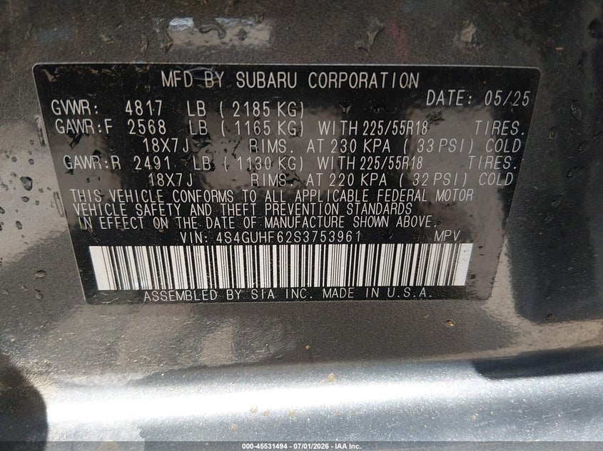2025 Subaru VIN 4S4GUHF62S3753961 IAAI salvage auction — HAIL, Salvage (Oklahoma), sold $12,300 on 2026-07-19 (photo 9)