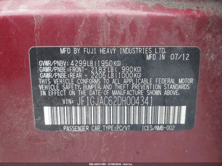 2013 Subaru Impreza VIN JF1GJAC62DH004341 IAAI salvage auction — FRONT END, Salvage (Pennsylvania), sold $100 on 2026-07-24 (photo 9)