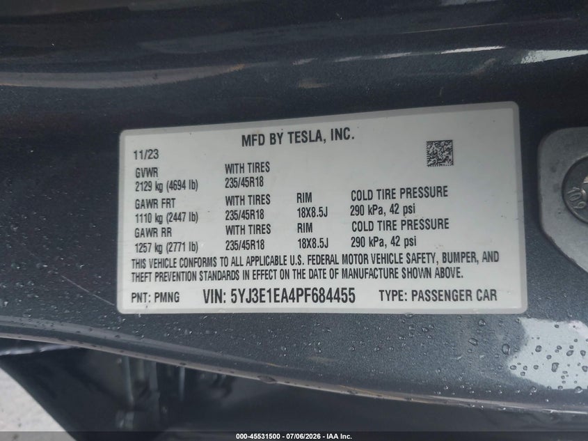 2023 Tesla Model 3 VIN 5YJ3E1EA4PF684455 IAAI salvage auction — FRONT & REAR, Salvage (Connecticut), sold $3,600 on 2026-08-28 (photo 9)