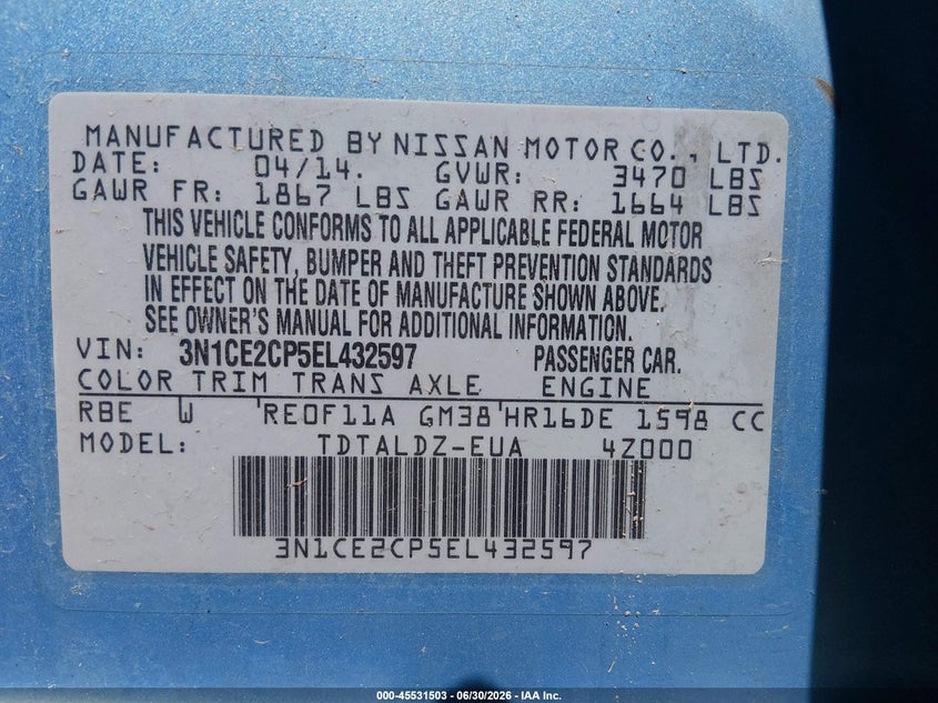 2014 Nissan Versa VIN 3N1CE2CP5EL432597 IAAI salvage auction — NORMAL WEAR, Salvage Title, sold $200 on 2026-07-24 (photo 9)