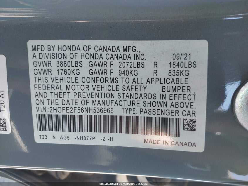 2022 Honda Civic VIN 2HGFE2F56NH536966 IAAI salvage auction — REAR END, Salvage Certificate (California), sold $9,100 on 2026-08-01 (photo 9)