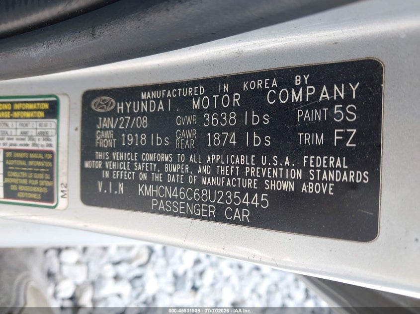 2008 Hyundai Accent VIN KMHCN46C68U235445 IAAI salvage auction — NORMAL WEAR, Clear (Alabama), sold $25 on 2026-07-23 (photo 9)