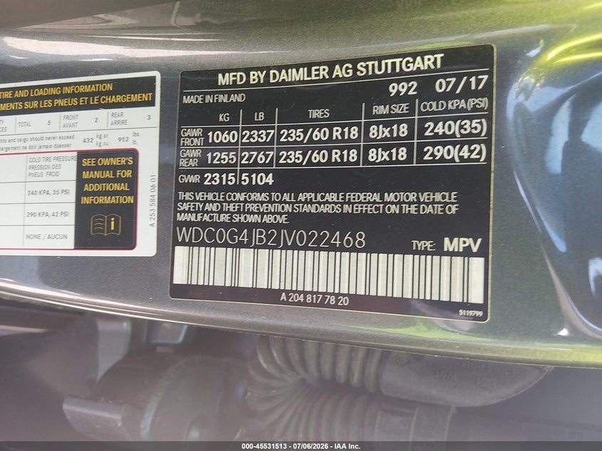 2018 Mercedes-benz Glc VIN WDC0G4JB2JV022468 IAAI salvage auction — NORMAL WEAR, Original (Texas), sold $5,450 on 2026-07-10 (photo 9)