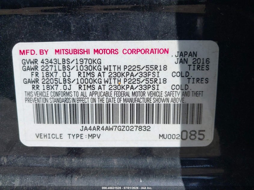 2016 Mitsubishi Outlander VIN JA4AR4AW7GZ027832 IAAI salvage auction — NORMAL WEAR, Clear (Pennsylvania), sold $25 on 2026-07-08 (photo 9)