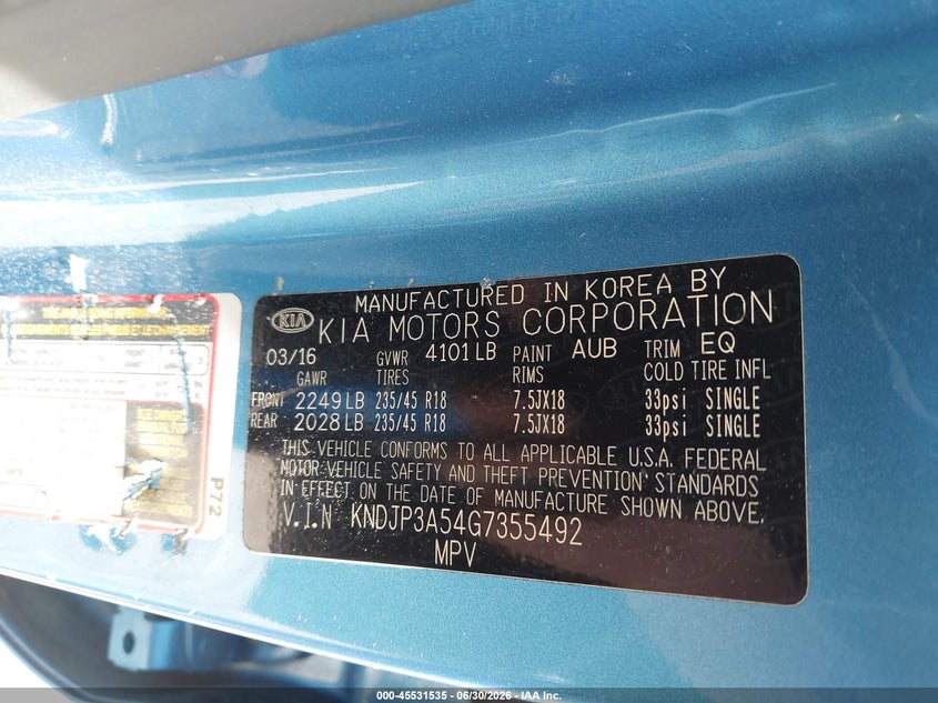 2016 Kia Soul VIN KNDJP3A54G7355492 IAAI salvage auction — NORMAL WEAR, Clear (Virginia), sold $1,775 on 2026-07-10 (photo 9)