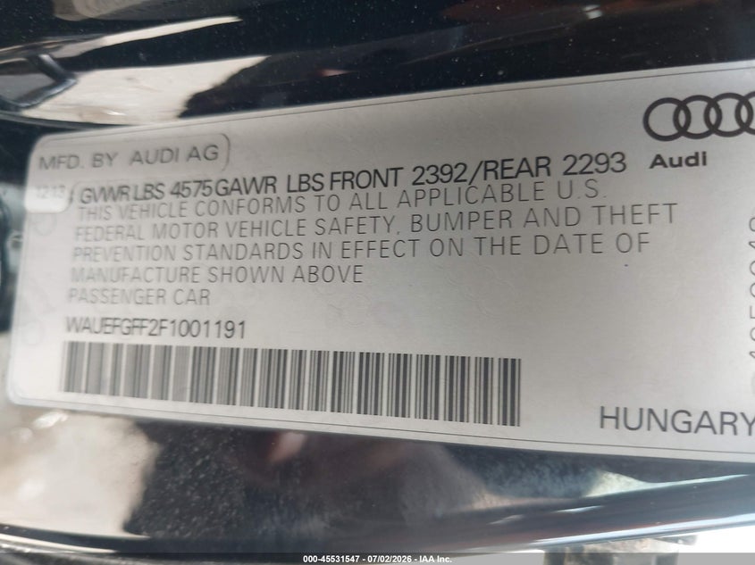 2015 Audi A3 VIN WAUEFGFF2F1001191 IAAI salvage auction — NORMAL WEAR, Original (Texas), sold $325 on 2026-07-19 (photo 9)