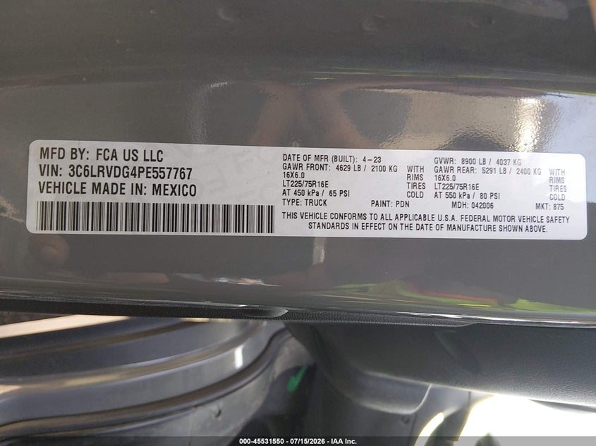 2023 Ram Promaster city VIN 3C6LRVDG4PE557767 IAAI salvage auction — FRONT END, Salvage (North Carolina), sold $7,000 on 2026-07-26 (photo 9)