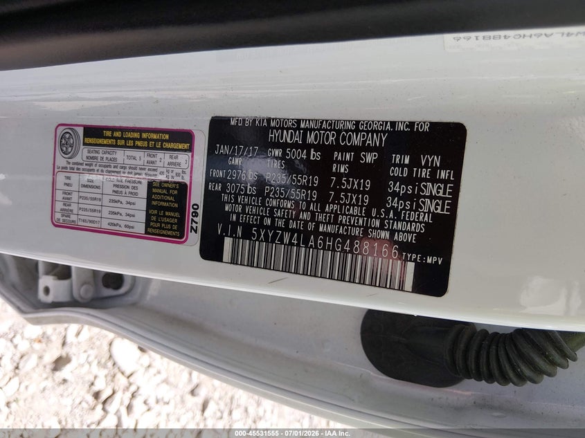 2017 Hyundai VIN 5XYZW4LA6HG488166 IAAI salvage auction — REAR END, Salvage (Tennessee), sold $4,350 on 2026-07-23 (photo 9)
