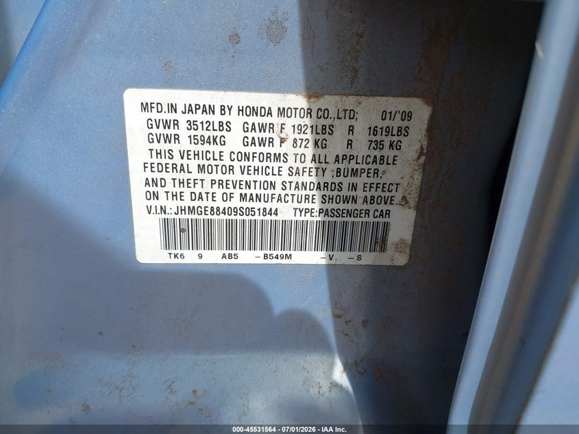 2009 Honda Fit VIN JHMGE88409S051844 IAAI salvage auction — SIDE, Salvage (Texas), sold $1,000 on 2026-08-02 (photo 9)