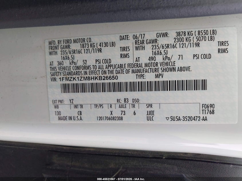 2017 Ford Transit 150 VIN 1FMZK1ZM8HKB26650 IAAI salvage auction — NORMAL WEAR, SF97 (Maine), sold $18,600 on 2026-07-23 (photo 9)