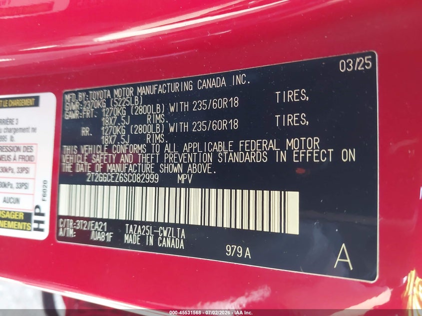 2025 Lexus Nx VIN 2T2GGCEZ6SC082999 IAAI salvage auction — SIDE, Salvage (Idaho), sold $12,000 on 2026-07-29 (photo 9)
