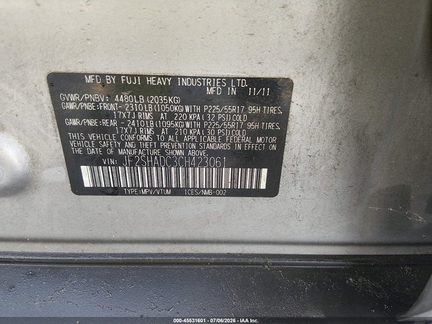 2012 Subaru Forester VIN JF2SHADC3CH423061 IAAI salvage auction — NORMAL WEAR, Clear (South Carolina), sold $225 on 2026-07-22 (photo 9)
