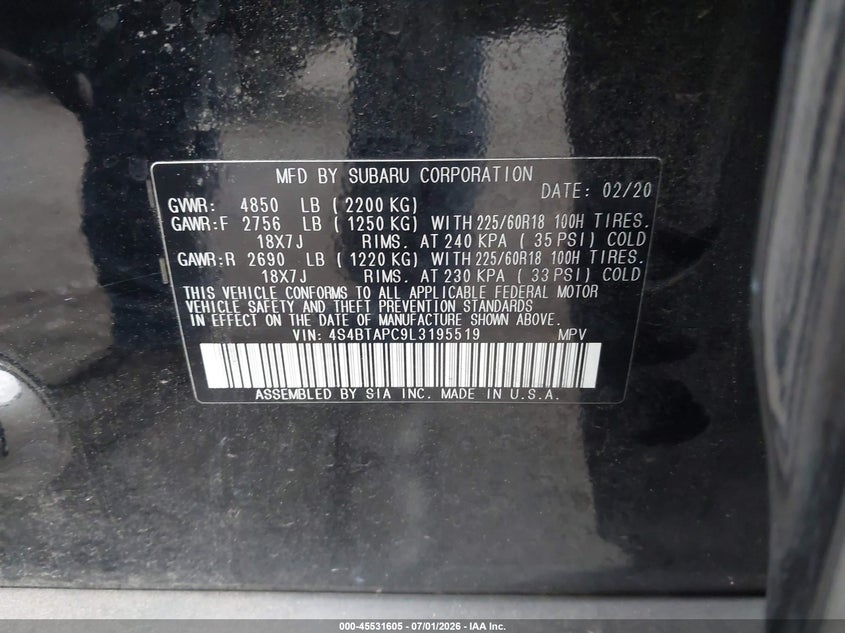2020 Subaru Outback VIN 4S4BTAPC9L3195519 IAAI salvage auction — RIGHT FRONT, Salvage Certificate (California), sold $6,300 on 2026-07-26 (photo 9)