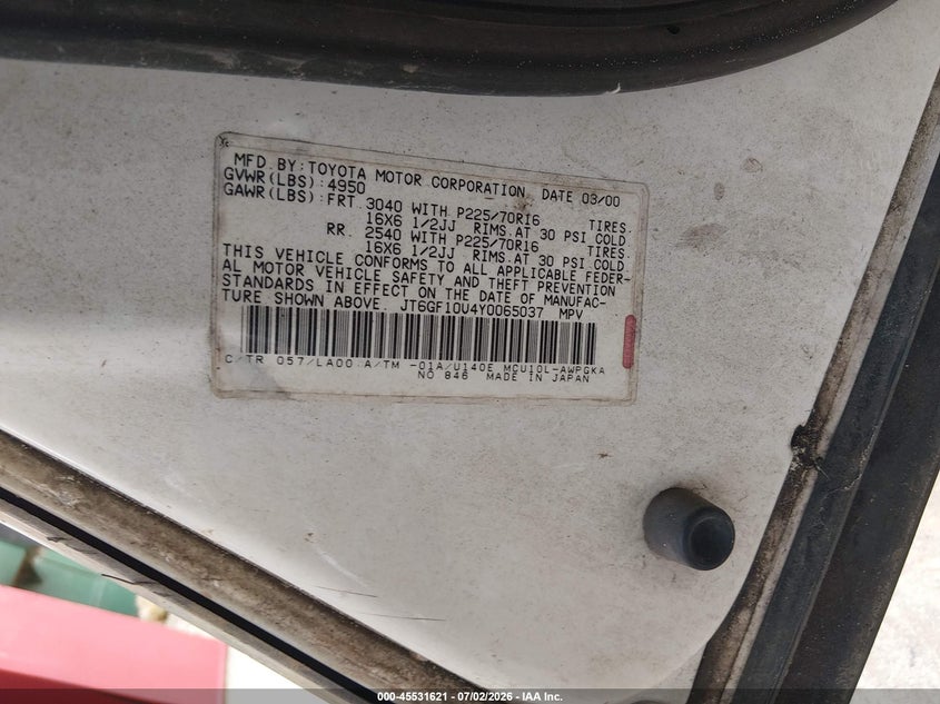 2000 Lexus Rx 300 VIN JT6GF10U4Y0065037 IAAI salvage auction — FRONT END, Rebuildable (Florida), sold $325 on 2026-07-14 (photo 9)
