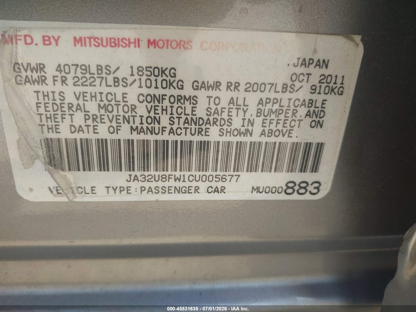2012 Mitsubishi Lancer VIN JA32U8FW1CU005677 IAAI salvage auction — RIGHT REAR, Salvage - Greater Than 75% (Maryland), sold $500 on 2026-07-28 (photo 9)
