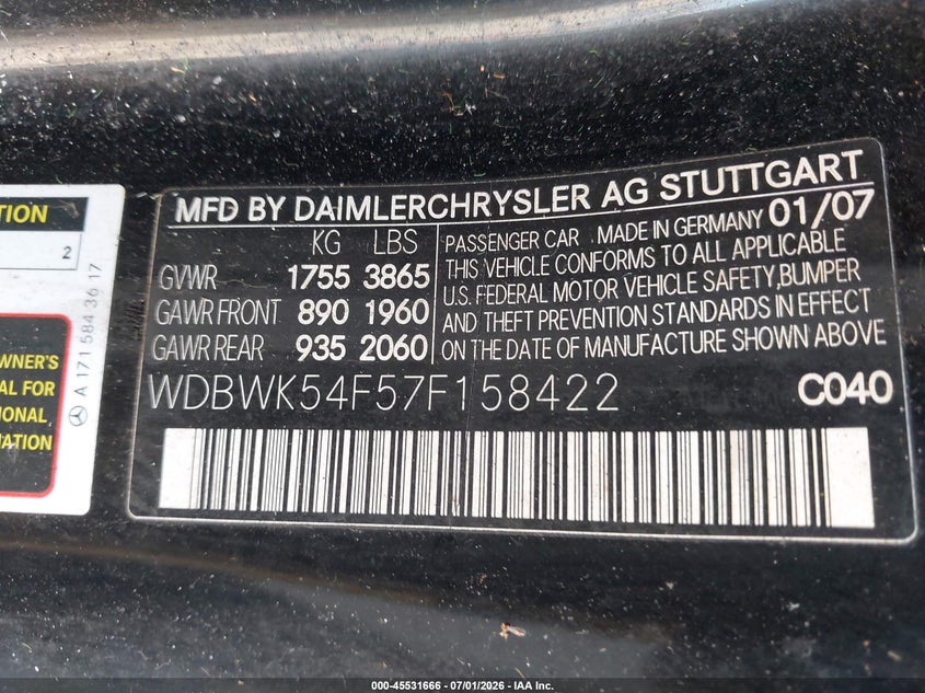2007 Mercedes-benz Slk-class VIN WDBWK54F57F158422 IAAI salvage auction — NORMAL WEAR, Clear (Florida), sold $1,525 on 2026-07-14 (photo 9)
