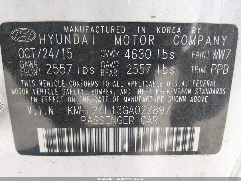 2016 Hyundai VIN KMHE24L13GA027897 IAAI salvage auction — NORMAL WEAR, Salvage Title, sold $550 on 2026-07-18 (photo 9)