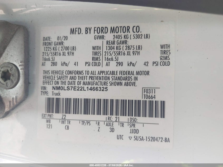 2020 Ford Transit VIN NM0LS7E22L1466325 IAAI salvage auction — REAR END, Salvage (Massachusetts), sold $475 on 2026-07-29 (photo 9)