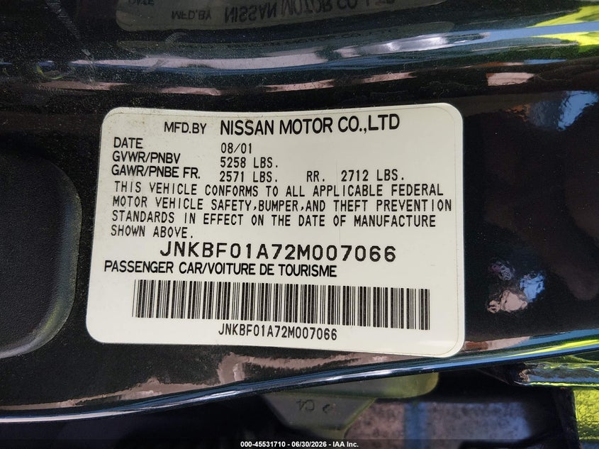 2002 Infiniti Q45 VIN JNKBF01A72M007066 IAAI salvage auction — NORMAL WEAR, Clear - Dealer Only (California), sold $375 on 2026-07-29 (photo 9)