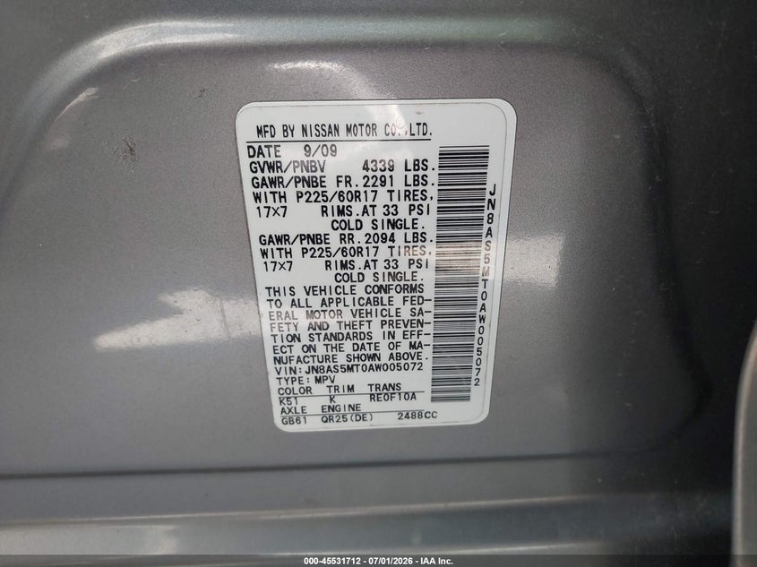 2010 Nissan Rogue VIN JN8AS5MT0AW005072 IAAI salvage auction — VANDALISM, Clear-Dealer Only (North Carolina), sold $550 on 2026-07-20 (photo 9)