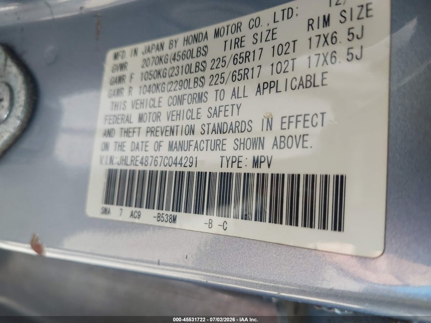 2007 Honda Cr-v VIN JHLRE48767C044291 IAAI salvage auction — NORMAL WEAR, Clear (New York), sold $1,550 on 2026-07-29 (photo 9)