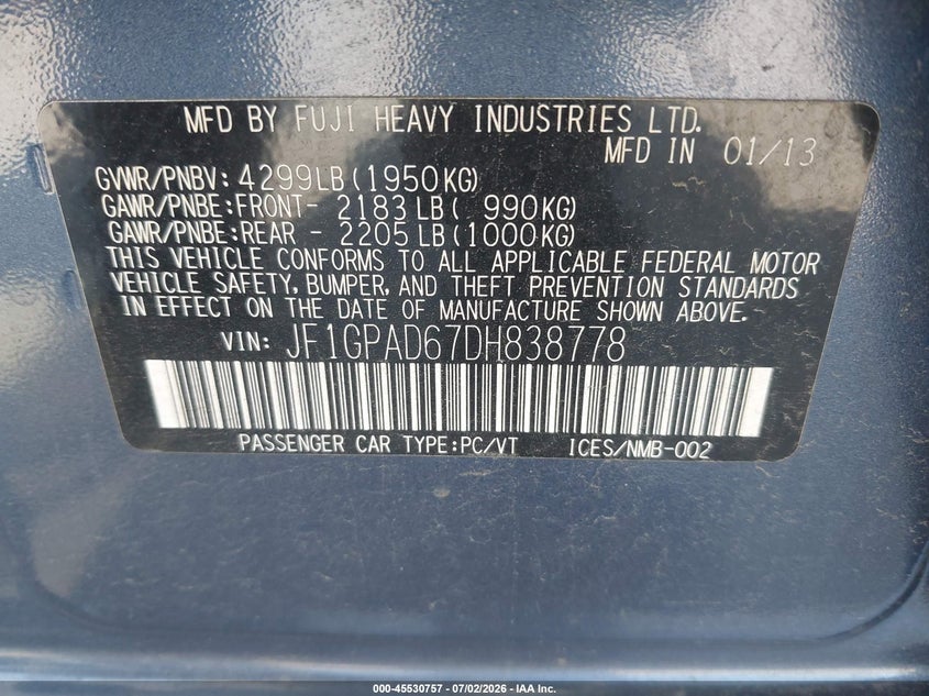 2013 Subaru Impreza VIN JF1GPAD67DH838778 IAAI salvage auction — FRONT END, Salvage (Pennsylvania), sold $700 on 2026-07-17 (photo 9)