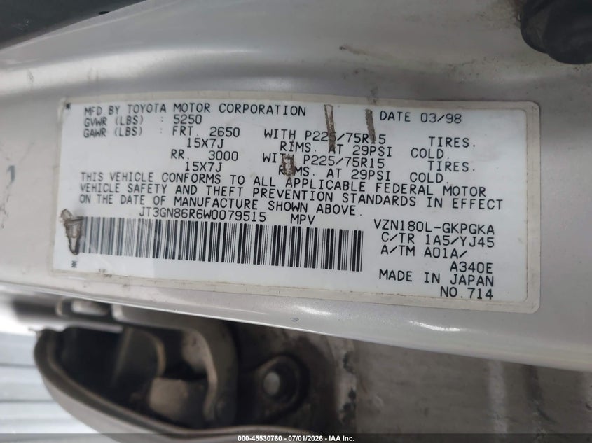 1998 Toyota 4runner VIN JT3GN86R6W0079515 IAAI salvage auction — SIDE, Salvage (California), sold $675 on 2026-07-30 (photo 9)